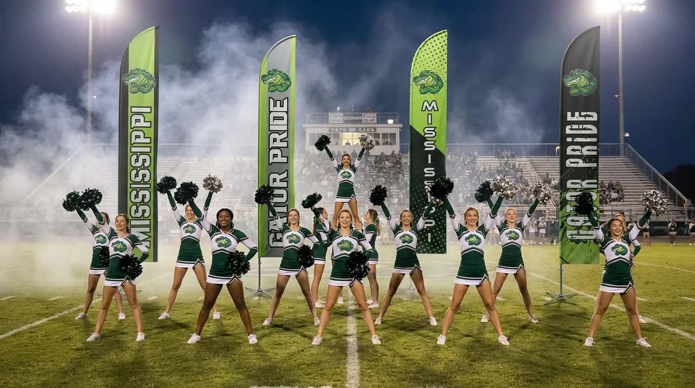 Cheer squad performing on the field between four printed feather flags at a night game