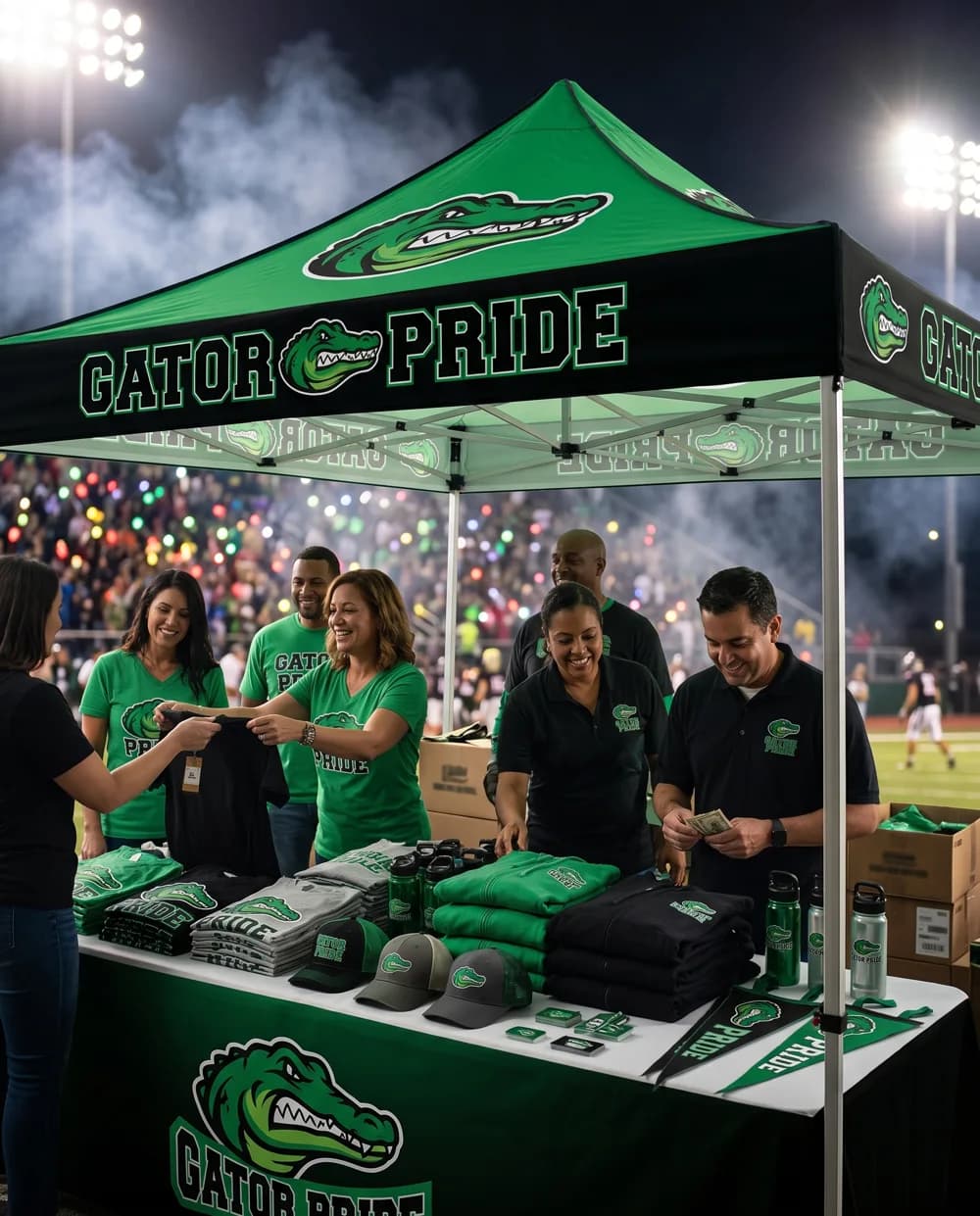 Booster club tent with a printed canopy and table cover at a night game