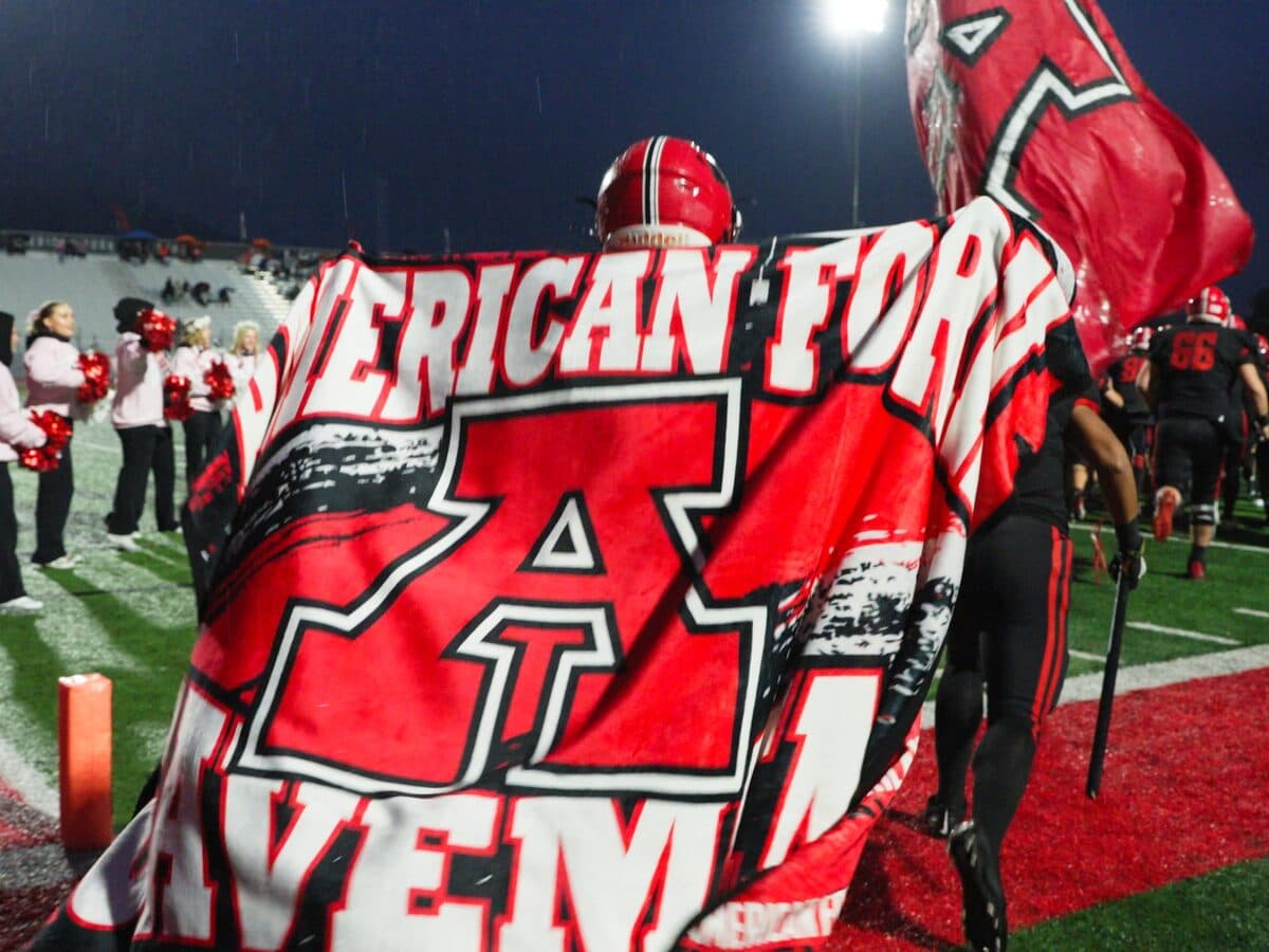 Printed D-Luxe Plus blanket carried like a flag through a night-game crowd