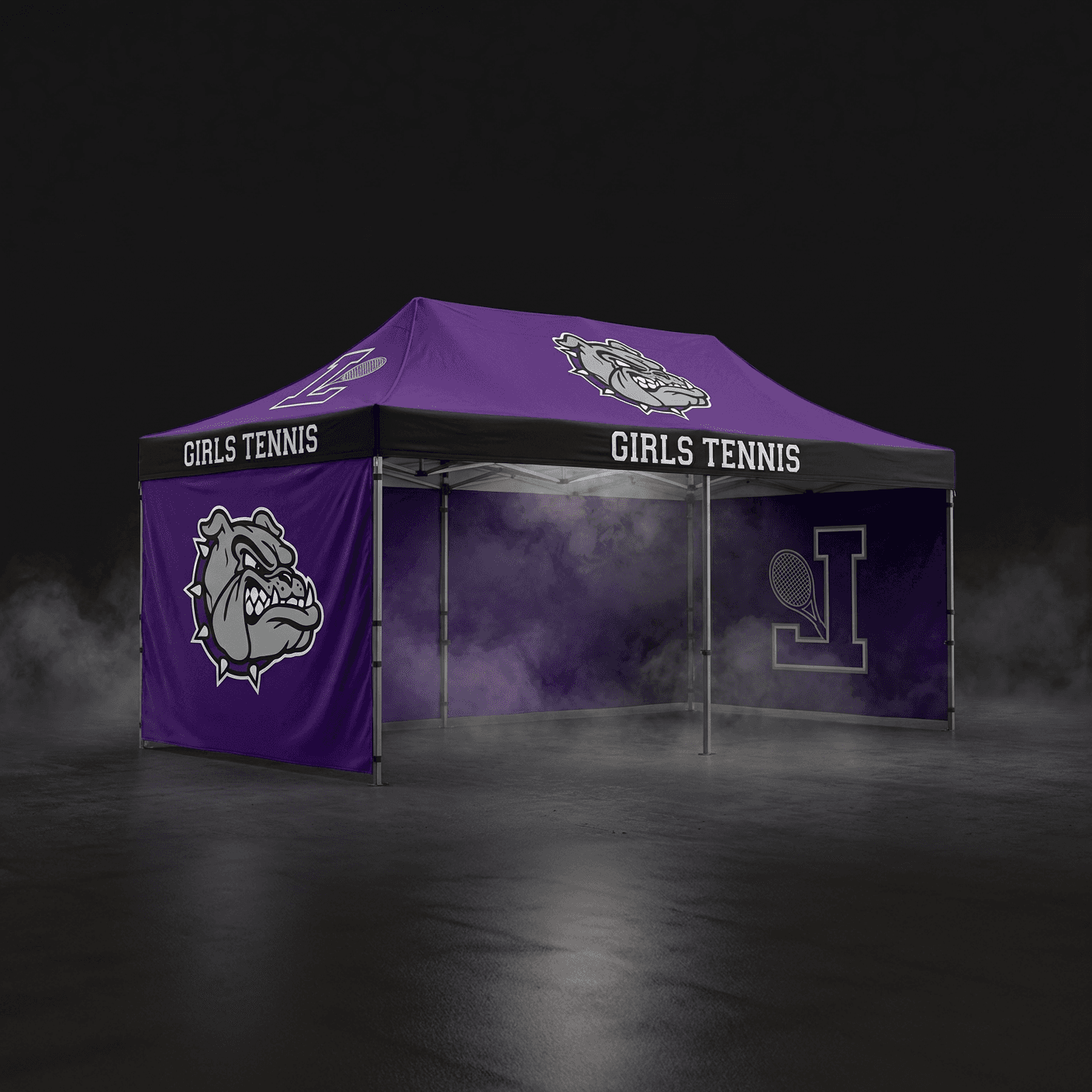 Custom tent mockup showing printed canopy top and banner